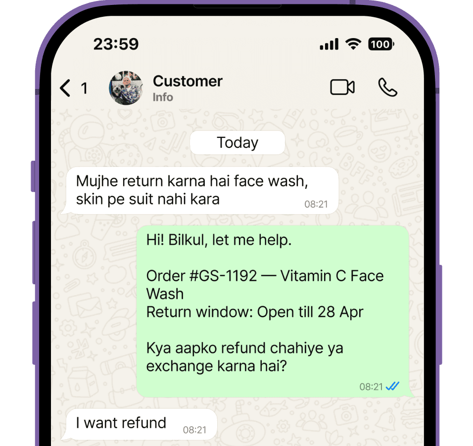 WhatsApp AI conversation showing order return handling